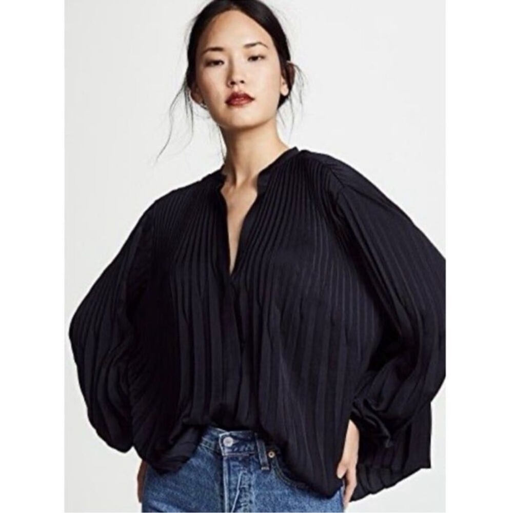 Vince Chevron Pleat Blouse | V-neck Blouson | Coastal Blue | Size XS